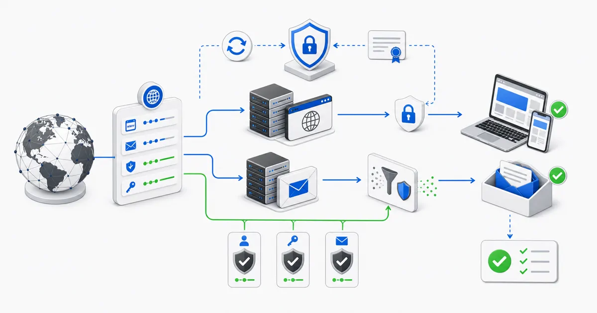 Sunucu, DNS, TLS, yedekleme ve dağıtım katmanlarından oluşan barındırma altyapısı