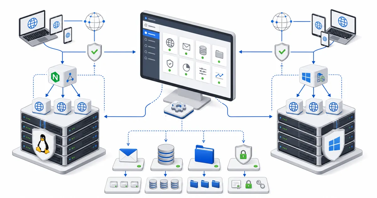 Sunucu, DNS, TLS, yedekleme ve dağıtım katmanlarından oluşan barındırma altyapısı